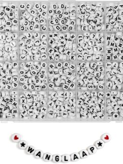 1450Pcs Letter Beads, Acrylic 4x7mm Round Alphabet A-Z and Red Heart Black Star Beads for Bracelets Necklaces DIY Jewelry Making (White)